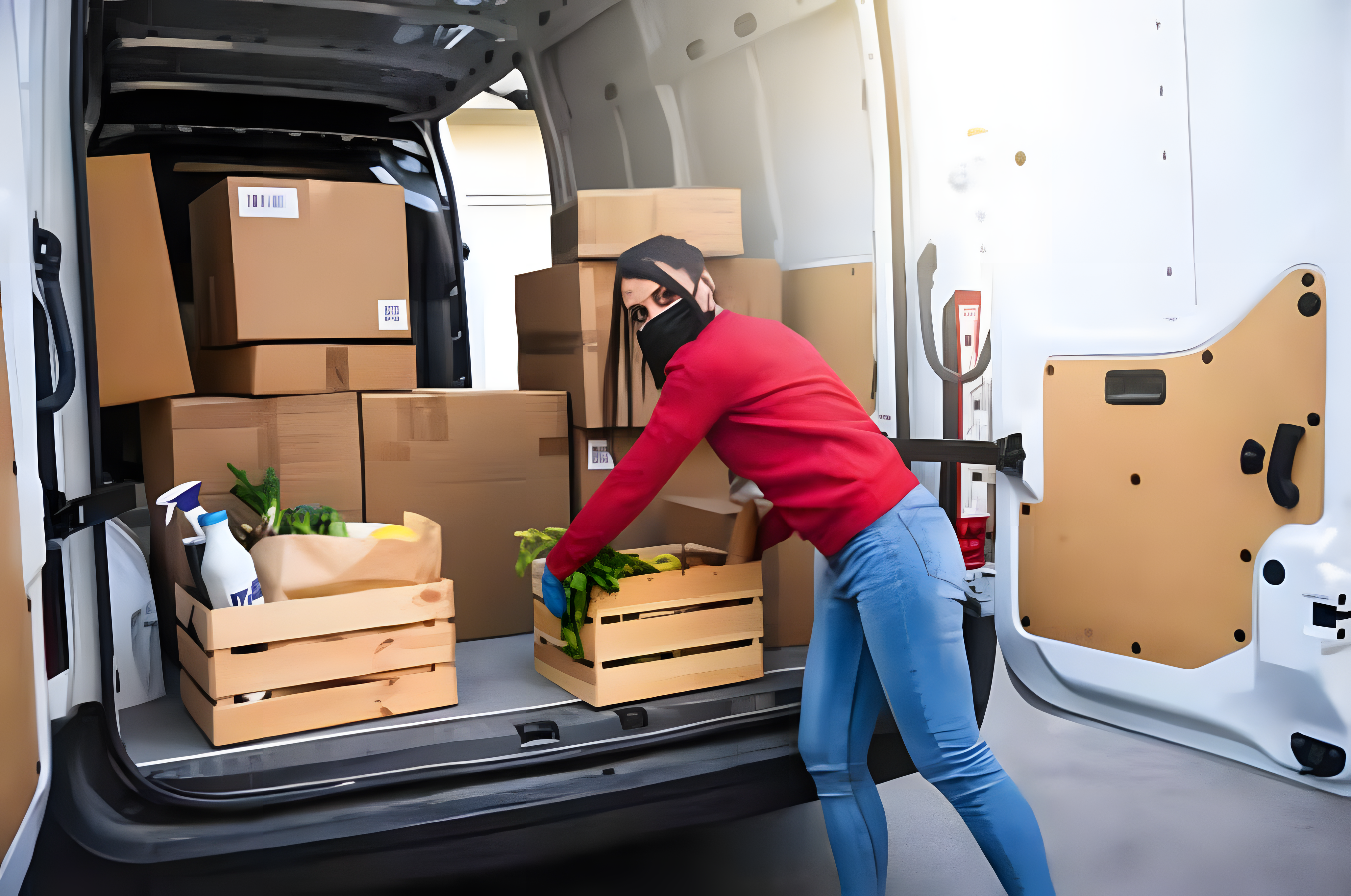 woman unloading the delivery of fresh products from her purchasing center