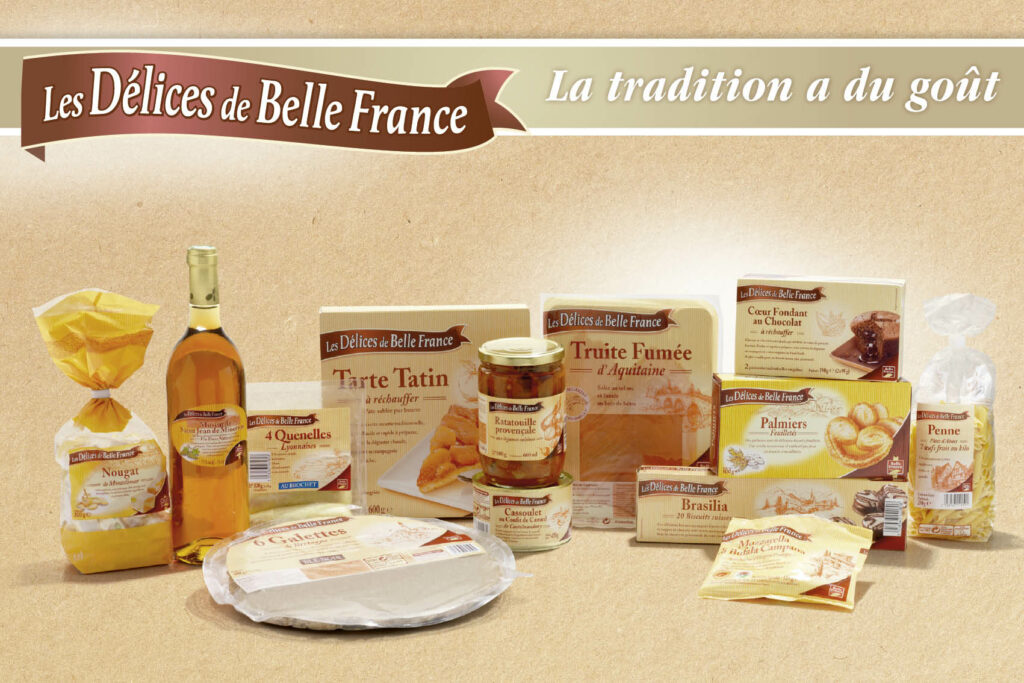 Products Delights of Belle France on a brown background.